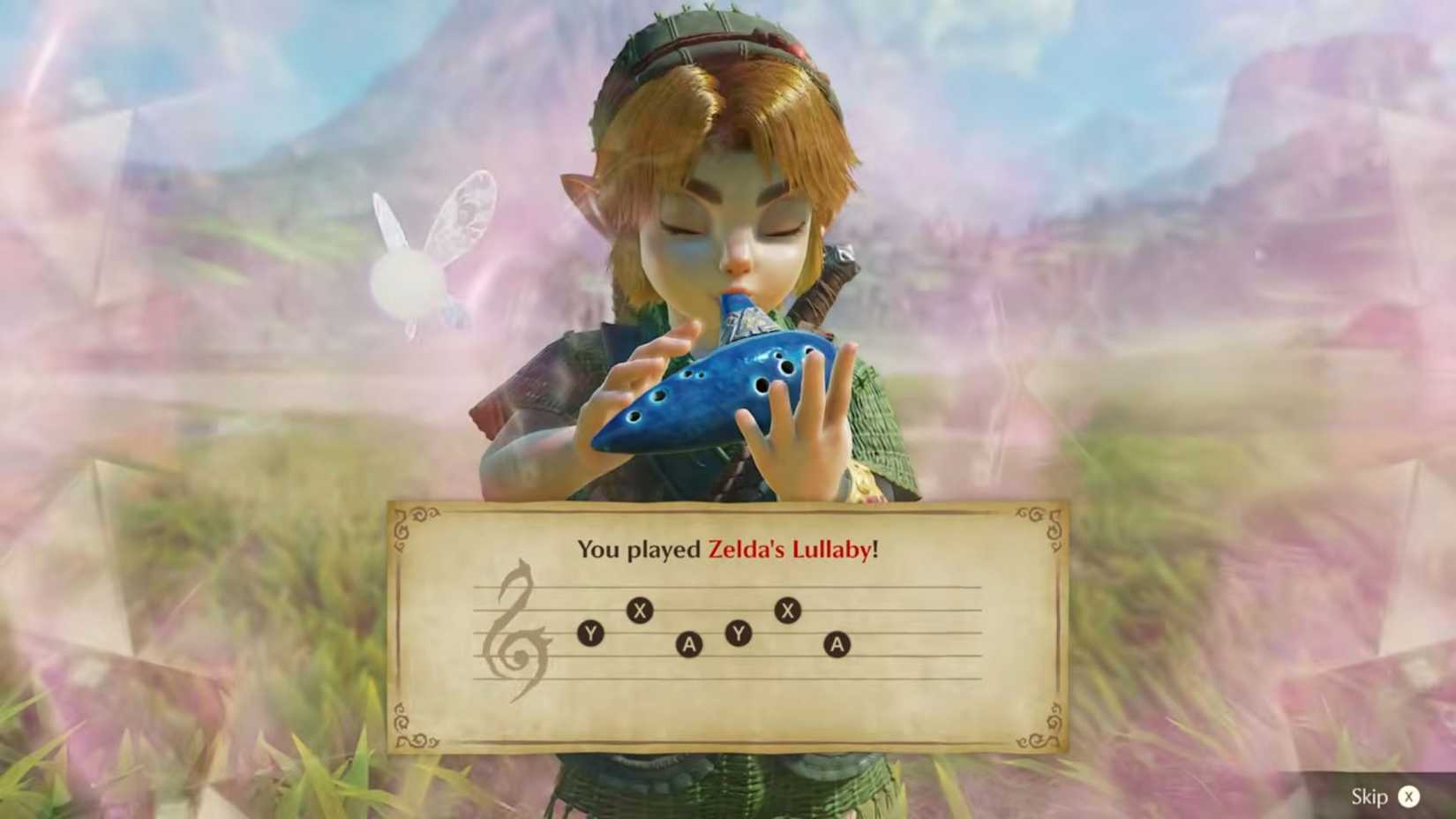 Link in the Ocarina of Time remake plays the famous blue wind instrument. 