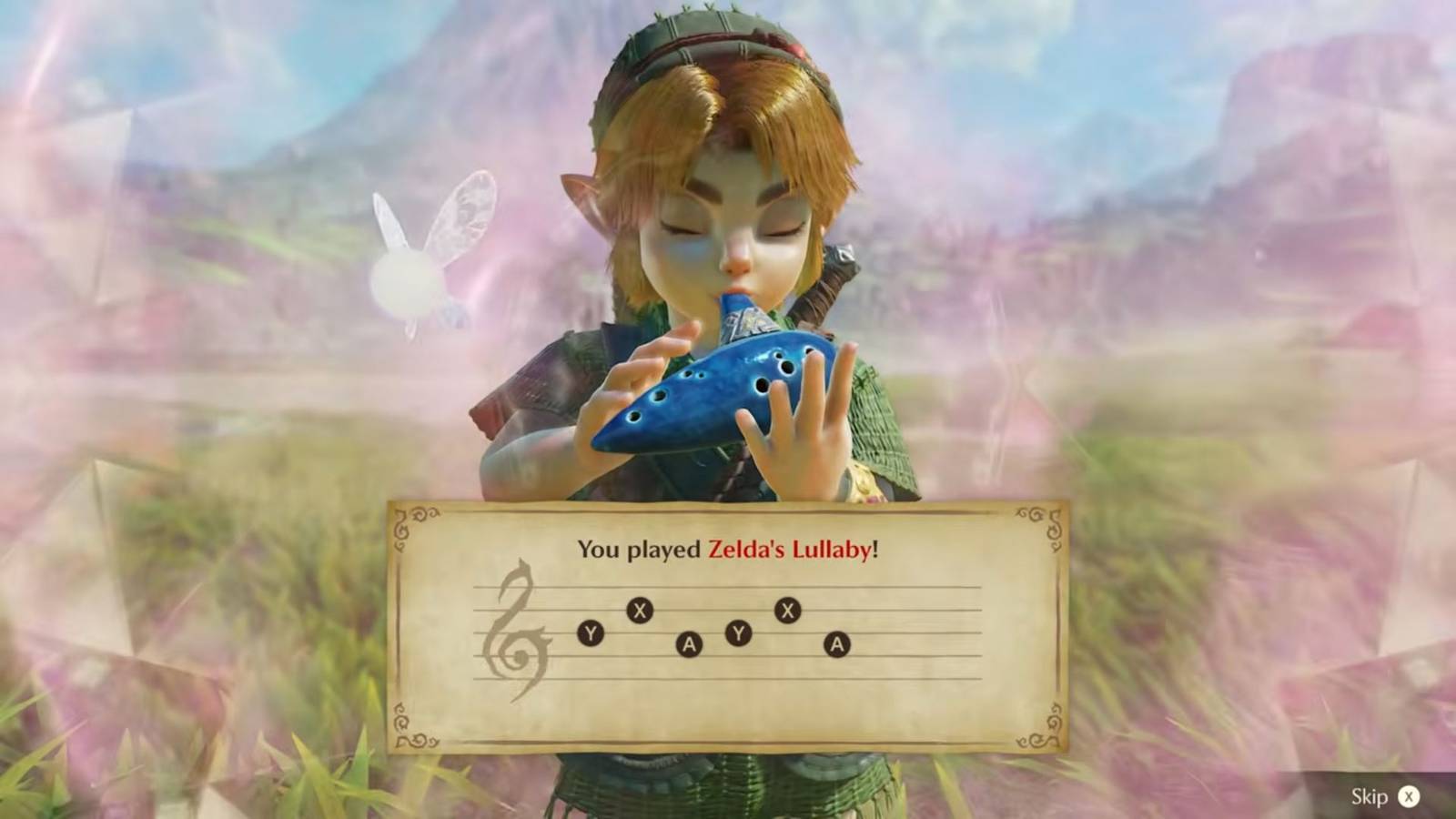 Link in the Ocarina of Time remake plays the famous blue wind instrument. 