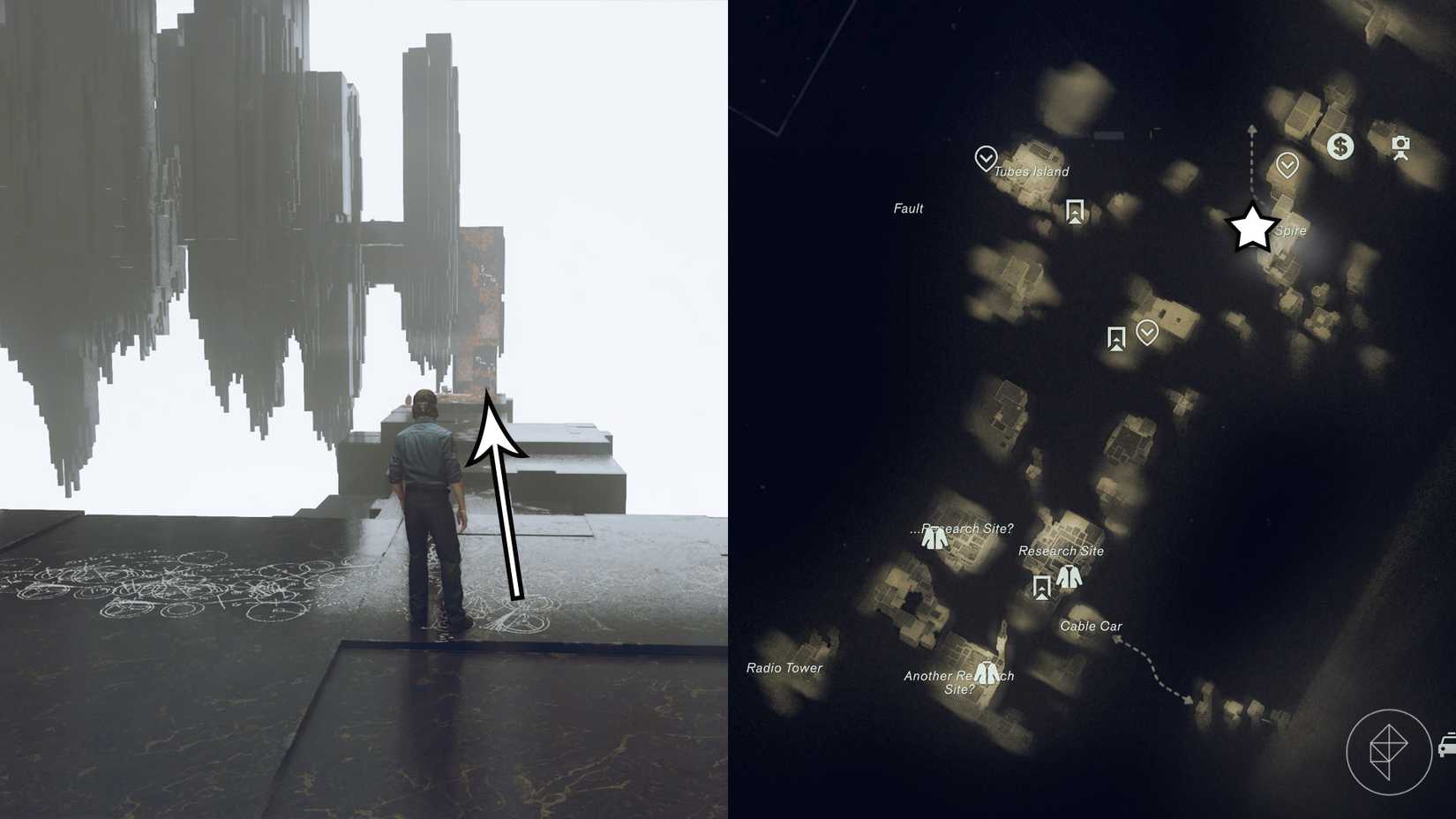 Dylan looking toward a floating black island in an area that is full of white light in Control Resonant.
