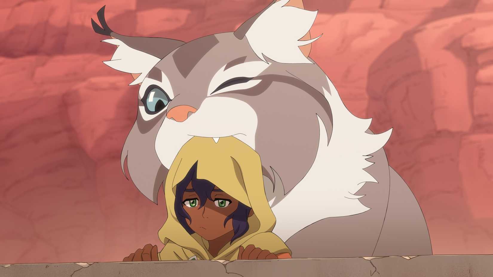 Pavi frowns as a giant lynx chews on her head in Avatar Seven Havens