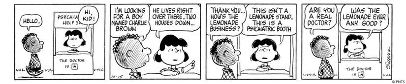 Lucy solicits her psychiatric help to Franklin in a 1968 Peanuts comic strip