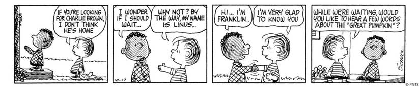 Linus tells Franklin about the Great Pumpkin in a Peanuts comic strip