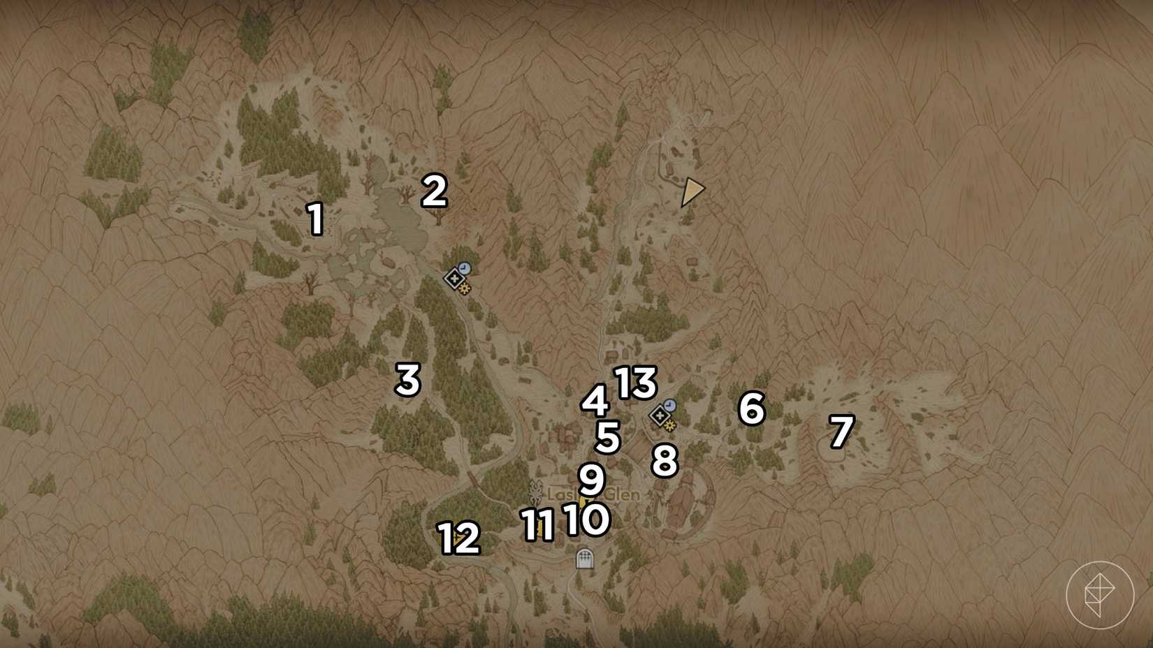 A map of Laslea Glen that features every quest in the prologue of The Blood of Dawnwalker.