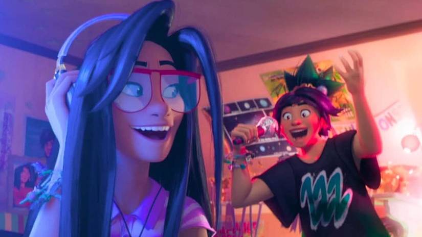 Raisa wears headphones while Jo sings in Forgotten Island