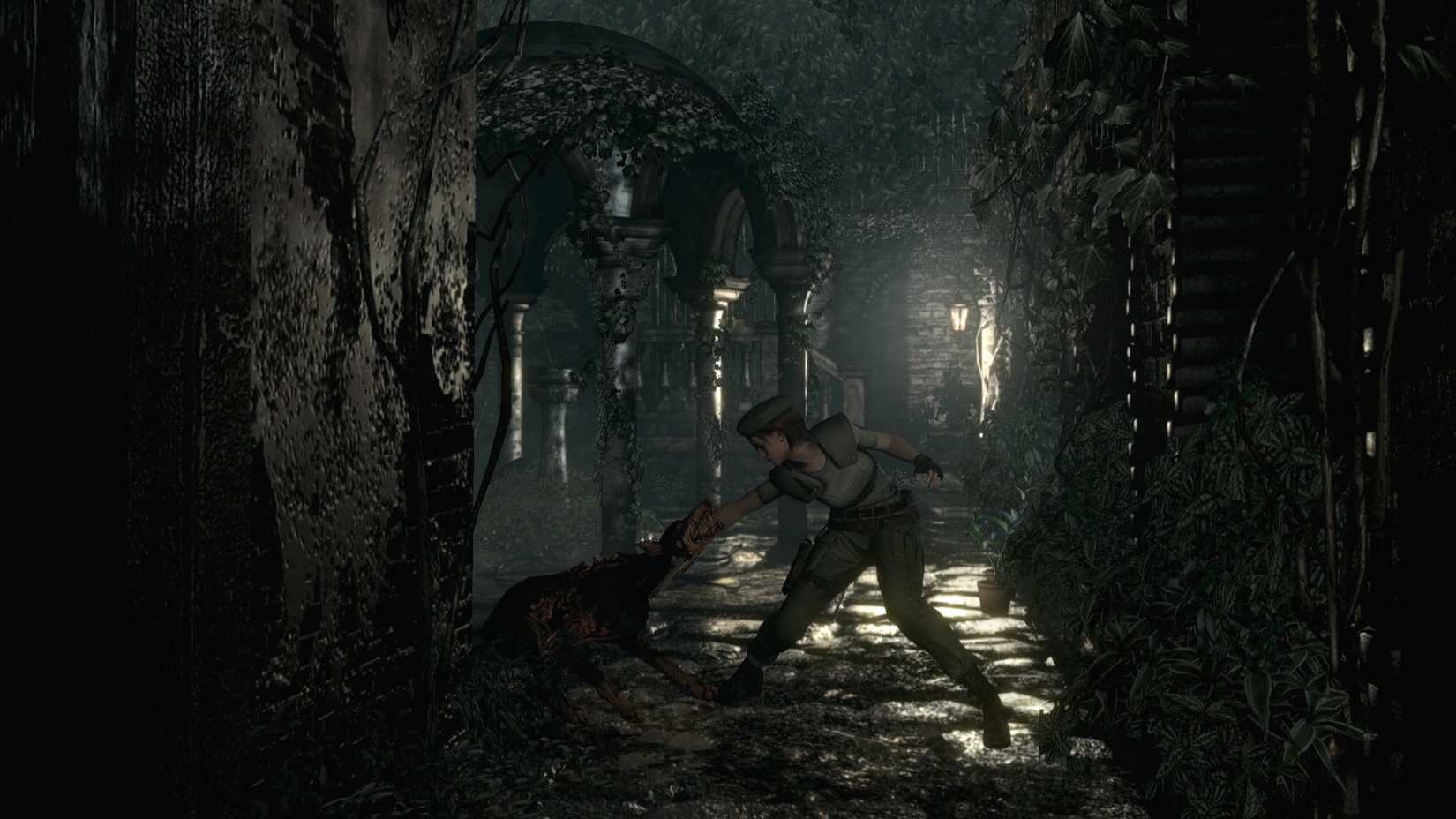Jill Valentine fights a dog in Resident Evil.