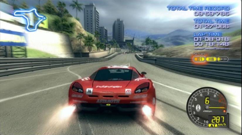Ridge Racer 6 screenshot depicting a red car using nitrous as it power slides toward a straightaway