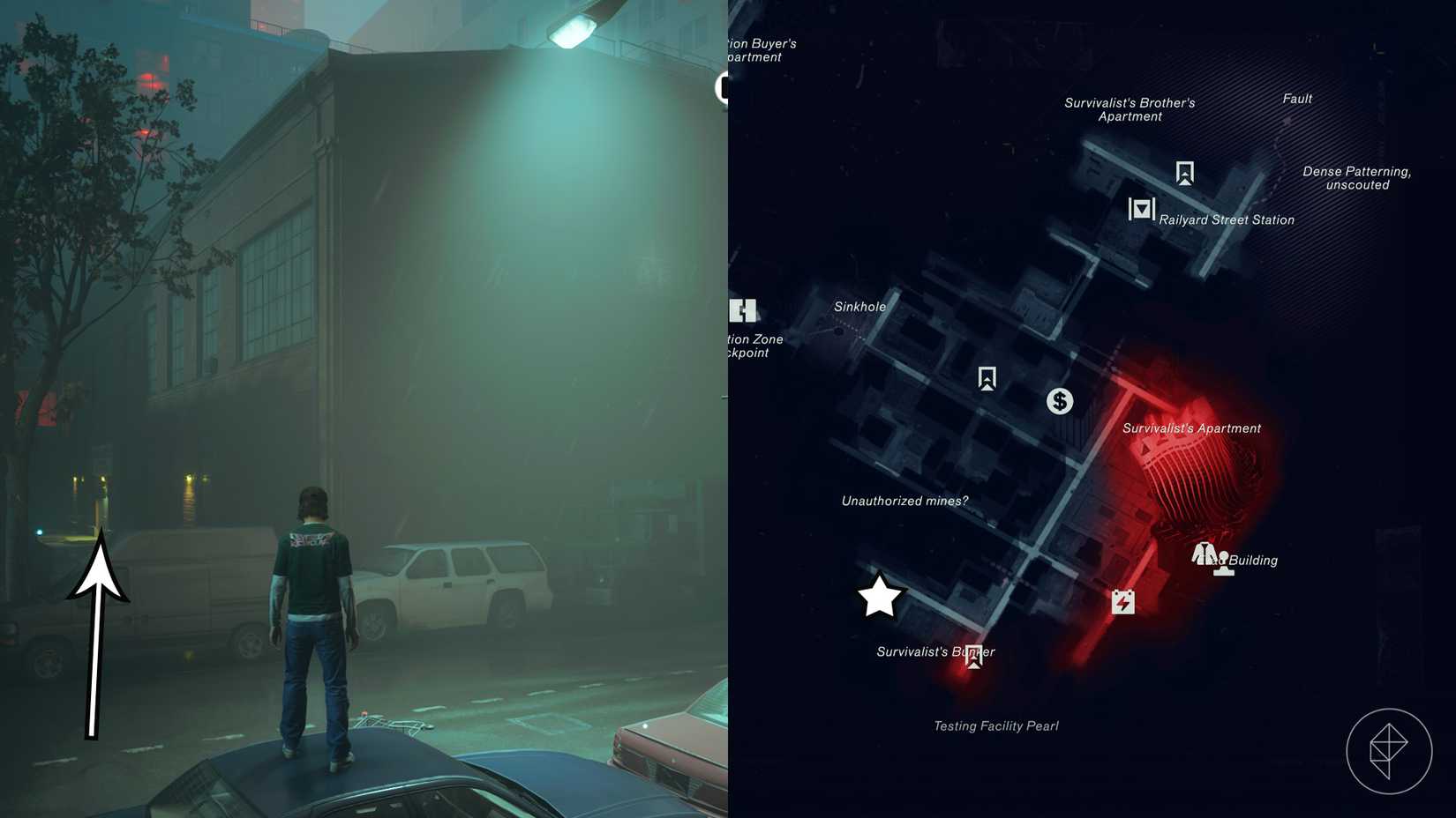 Dylan standing in front of a brick warehouse in the Evacuation Zone in Control Resonant.