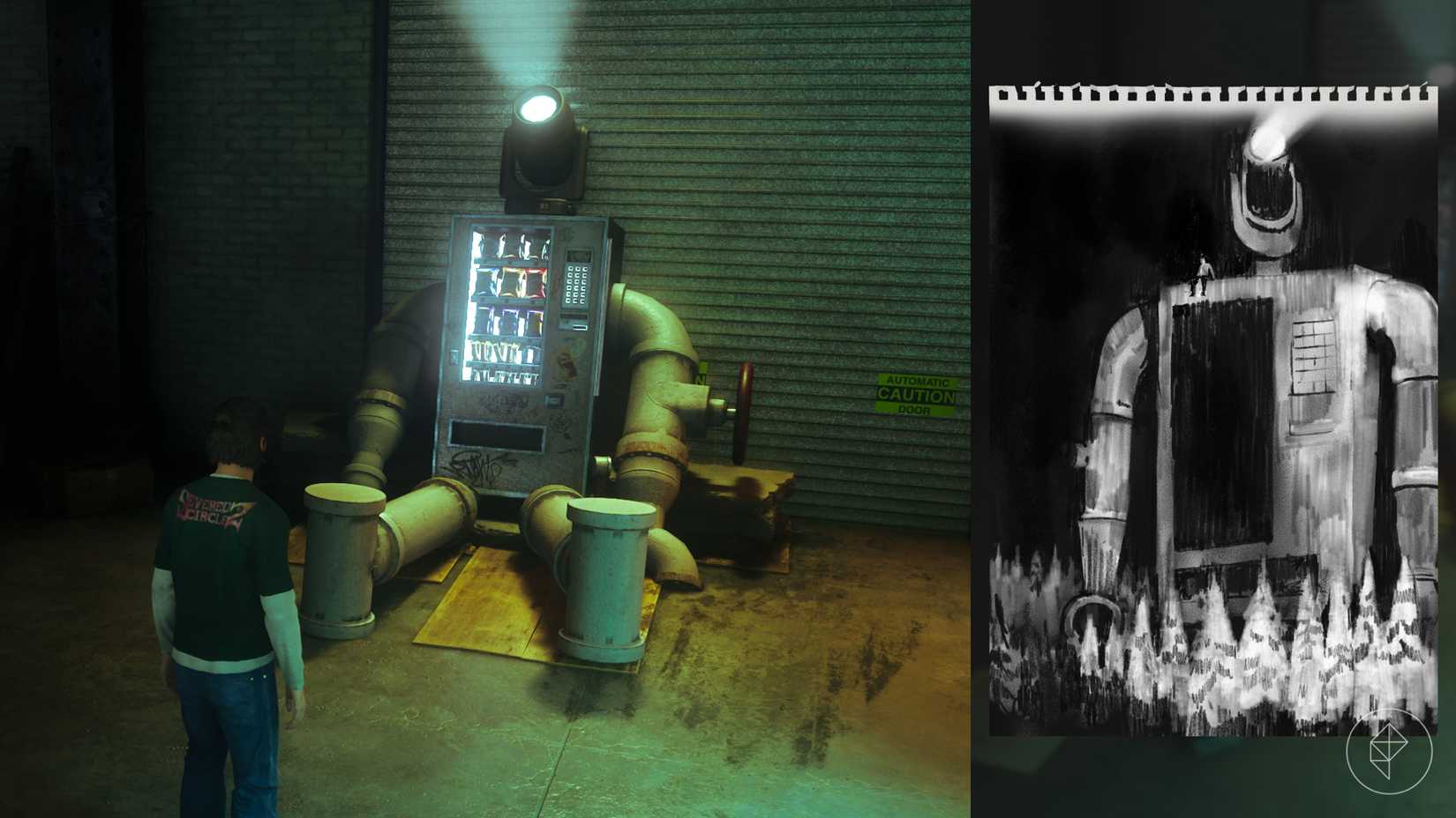 Dylan standing in front of a robot vending machine in Control Resonant.