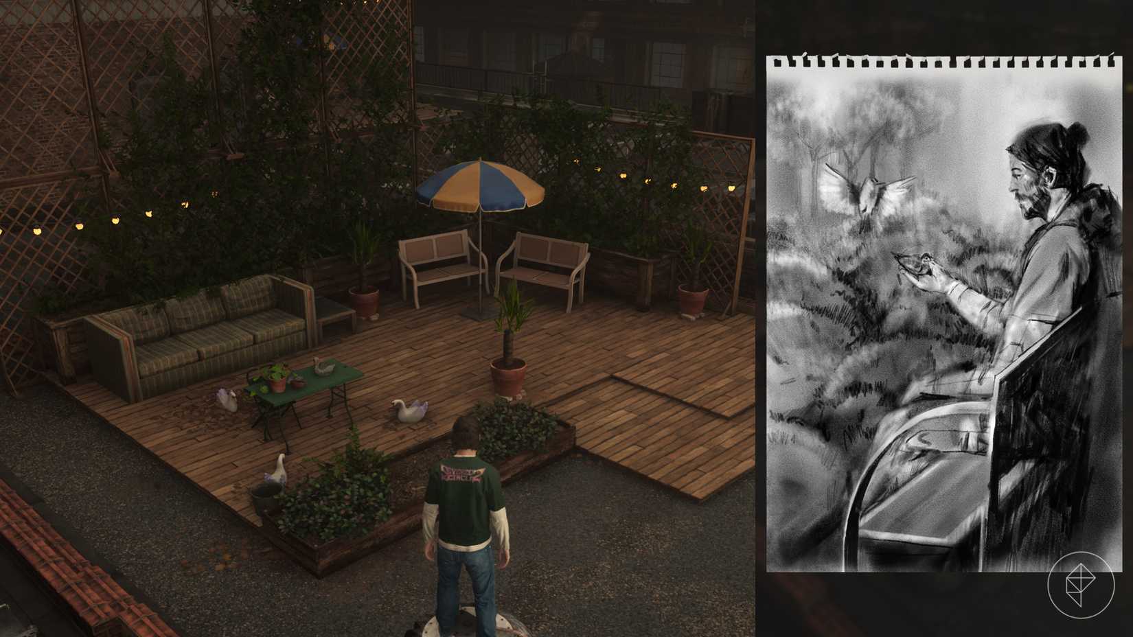 Dylan standing on a rooftop patio with swan ornaments and potted plants in Control Resonant.