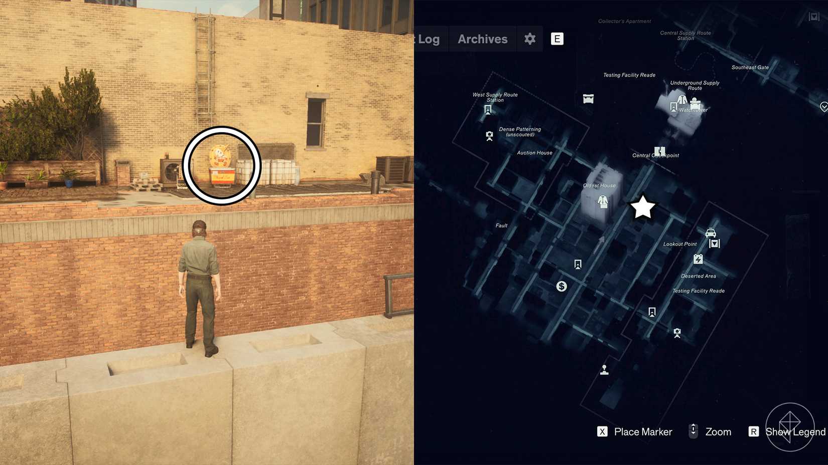 Dylan looking at an ice cream stand on a brick building in Control Resonant.