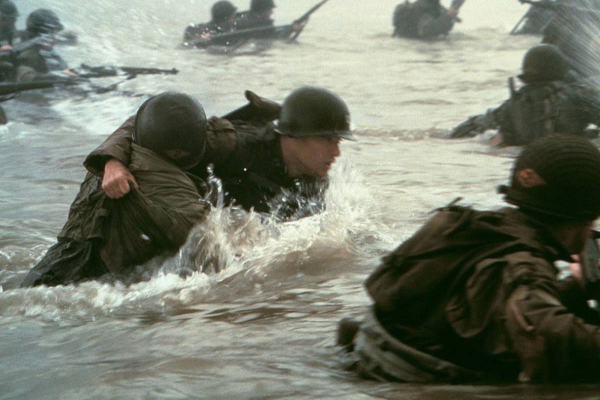 Tom Hanks as Captain Miller in Saving Private Ryan leading his squad