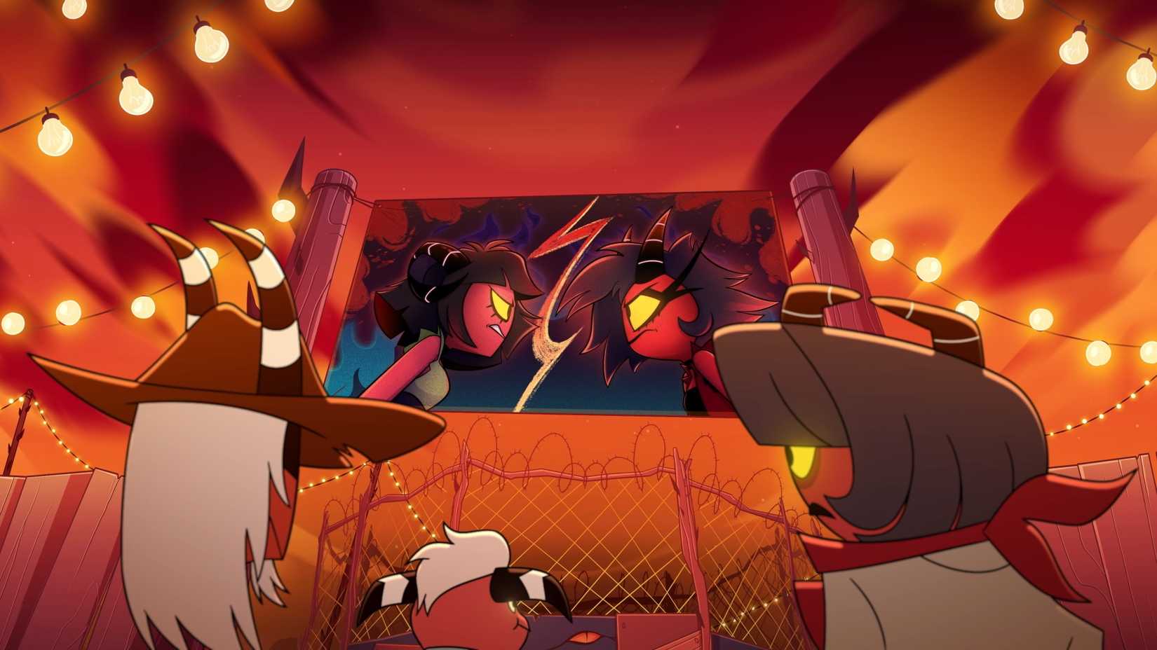 Two red-skinned imps face off with lightning between them on a TV screen, above an audience watching them from behind barbed wire, in the animated series Helluva Boss