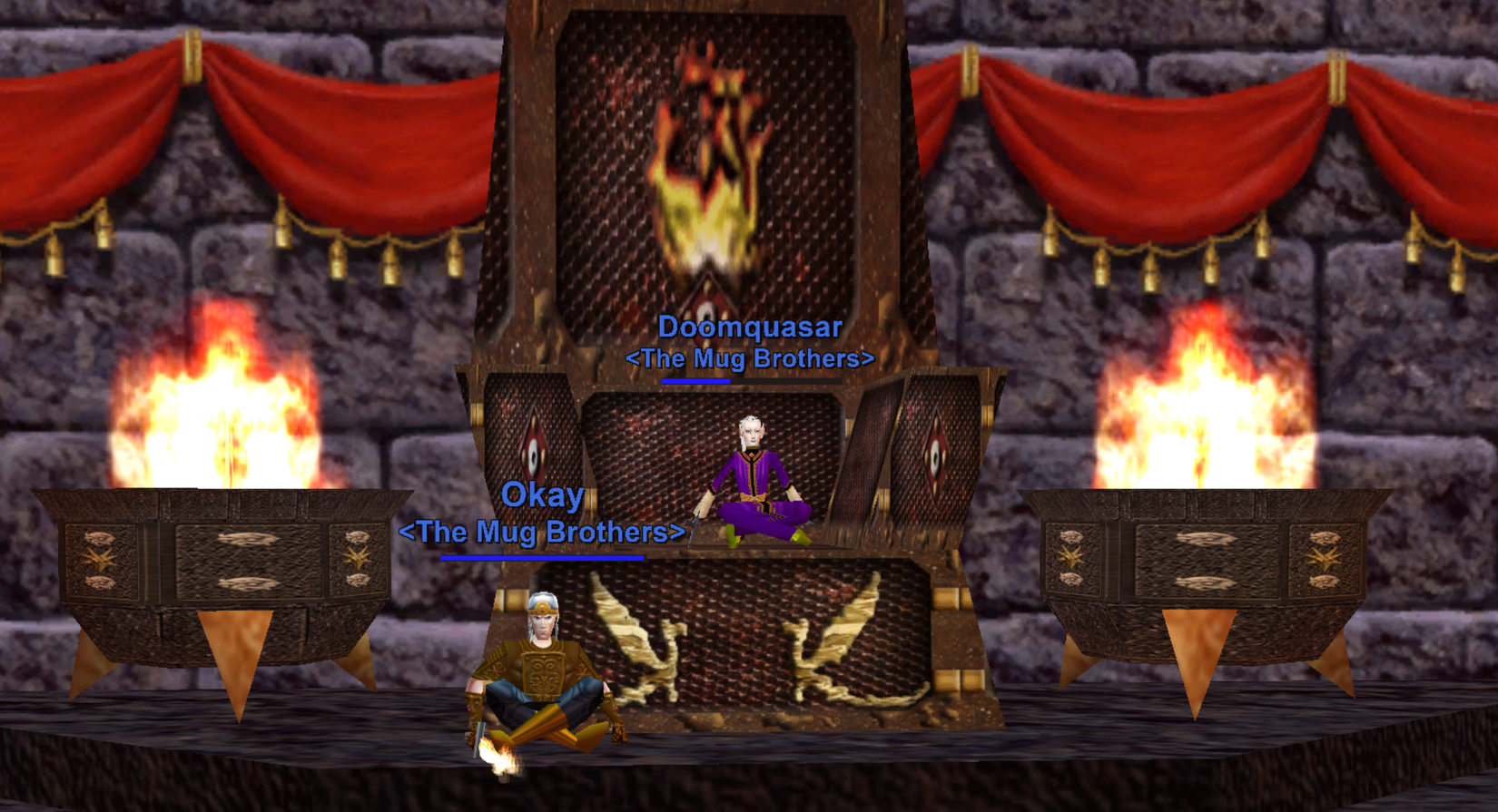 An elf sitting in a massive wooden throne, with another elf on the floor beside the chair