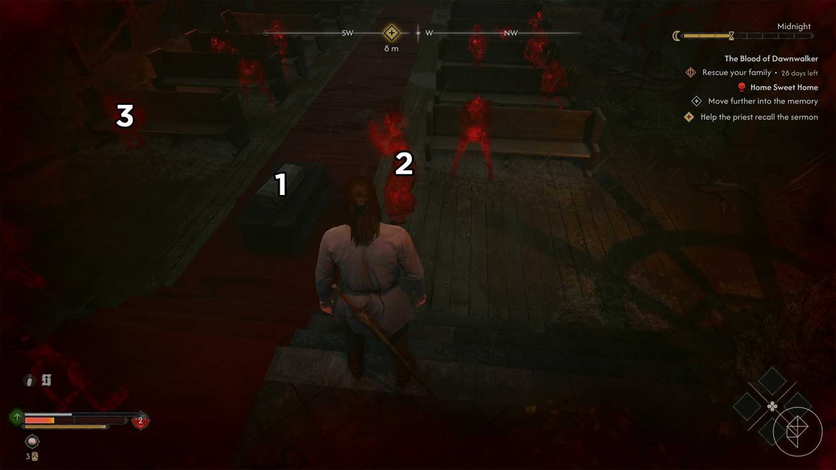 Coen at a funeral in a church in the "Home Sweet Home" quest in The Blood of Dawnwalker.