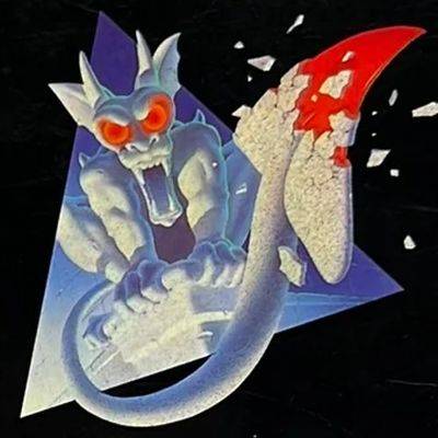 Shadowgate (nes) cropped cartridge cover art shows horned gargoyle with red eyes and tail lashing toward viewer