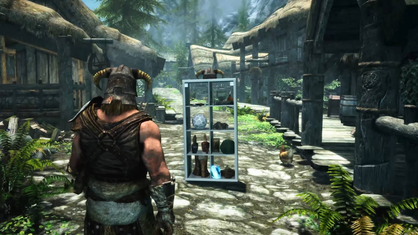 The Dragonborn walking with an IKEA shelf.