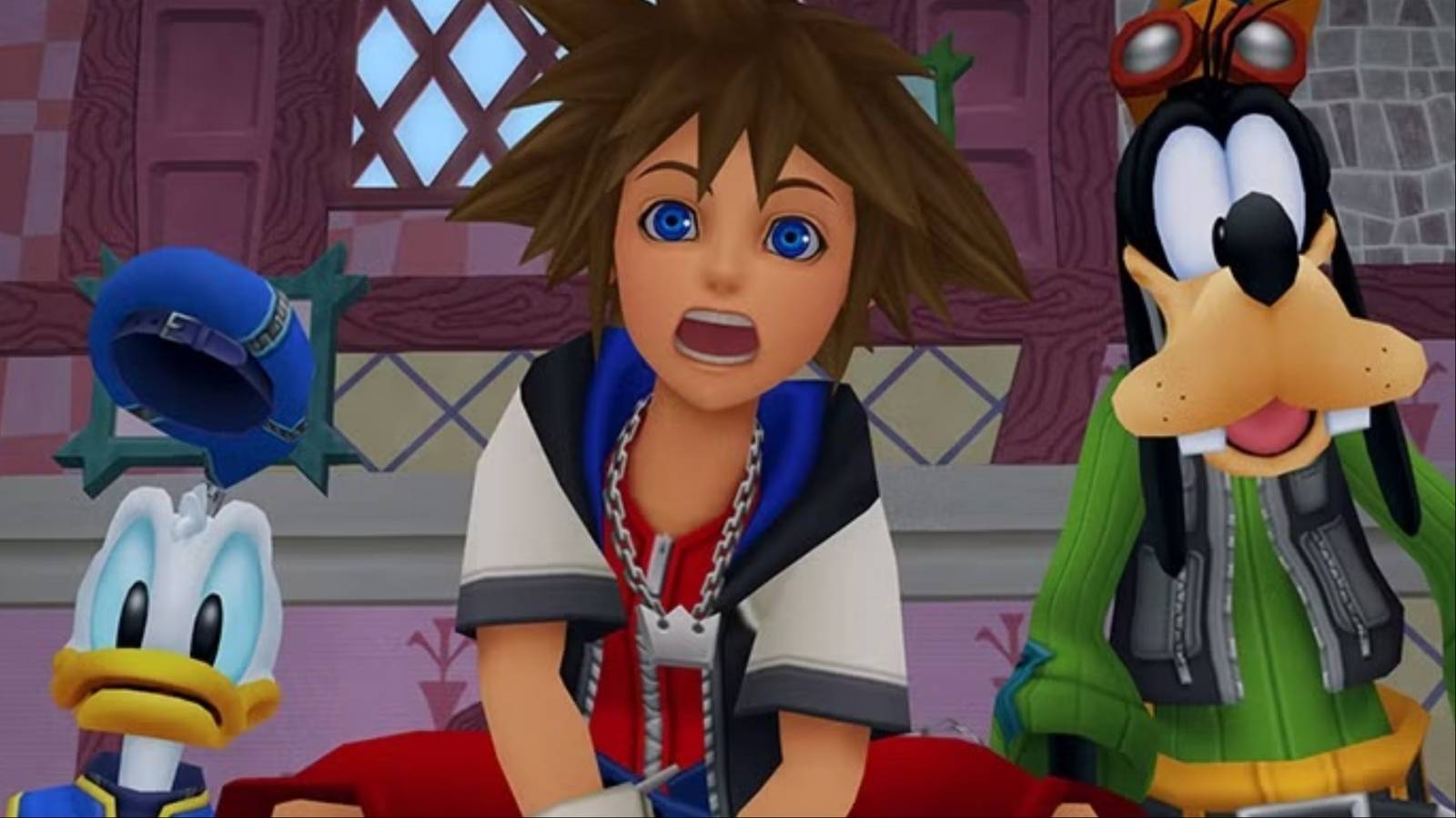 sora standing next to goofy and donald duck