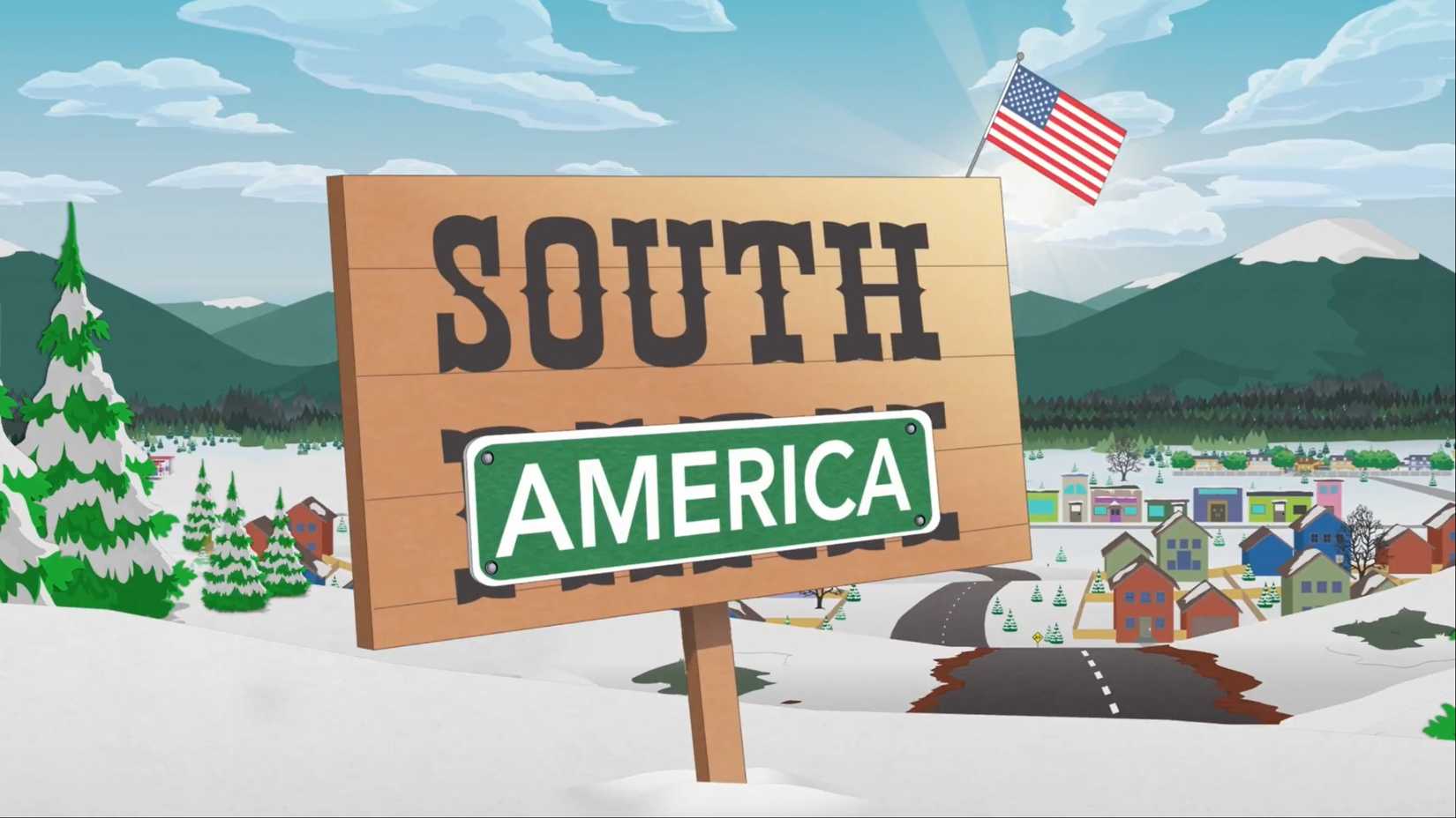 south park sign with south america over it