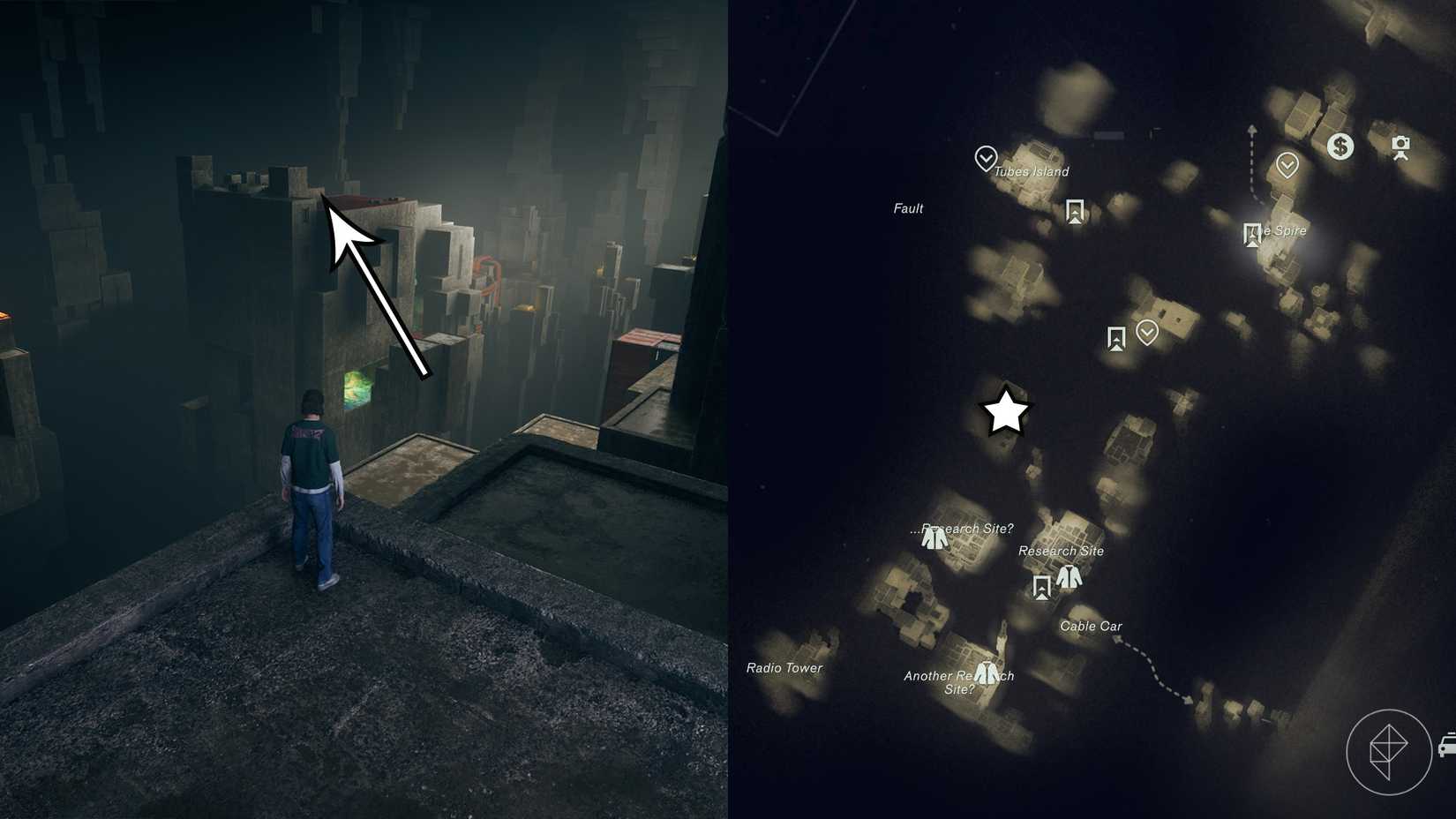 Dylan looking off toward a floating pillar in the Underpass in Control Resonant.