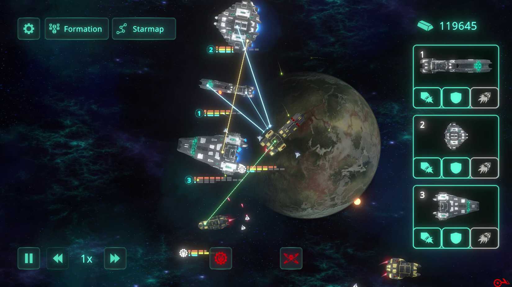 A top down view of space ships battling.