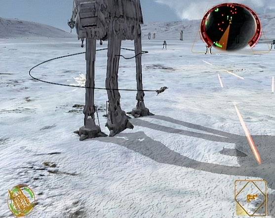 A plane ties a string around an AT-AT in Star Wars Rogue Squadron 2: Rogue Leader.