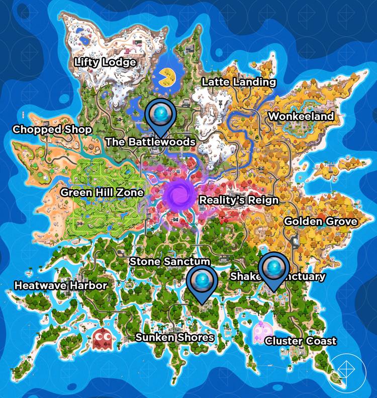 The location of the Geno's memories marked on the Fortnite Chapter 7 Season 4 map.