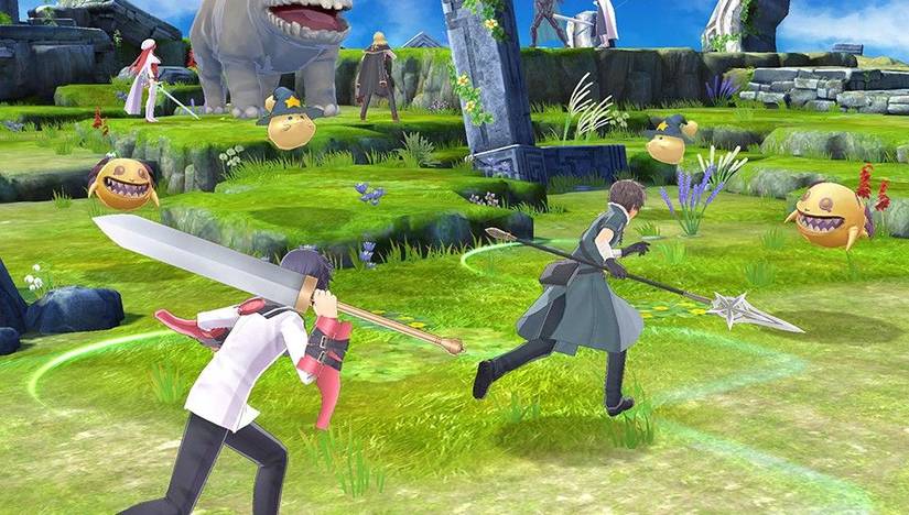 Summon Night 6: Lost Borders combat screenshot shows characters in a grassy field with bulbous enemies