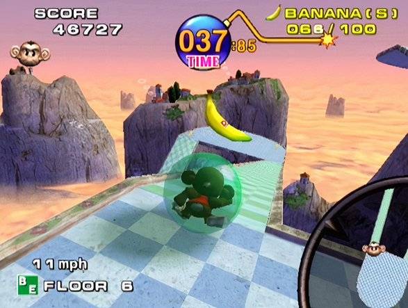 A monkey rolls down a ramp in Super Monkey Ball.
