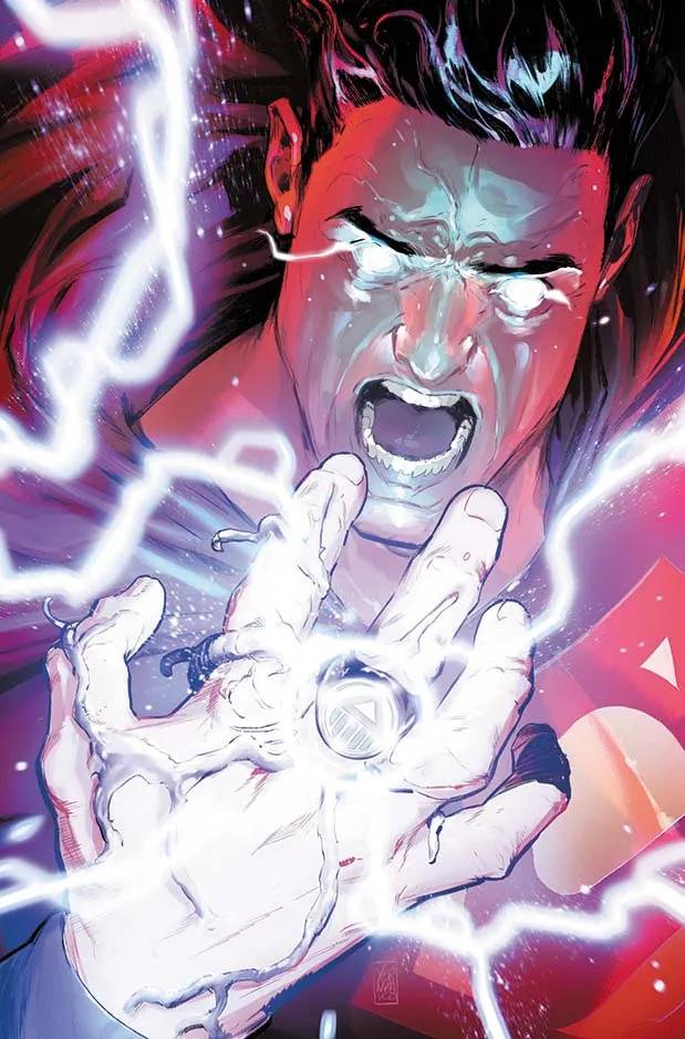 Superman dons the Black Lantern ring as lightning courses through his veins