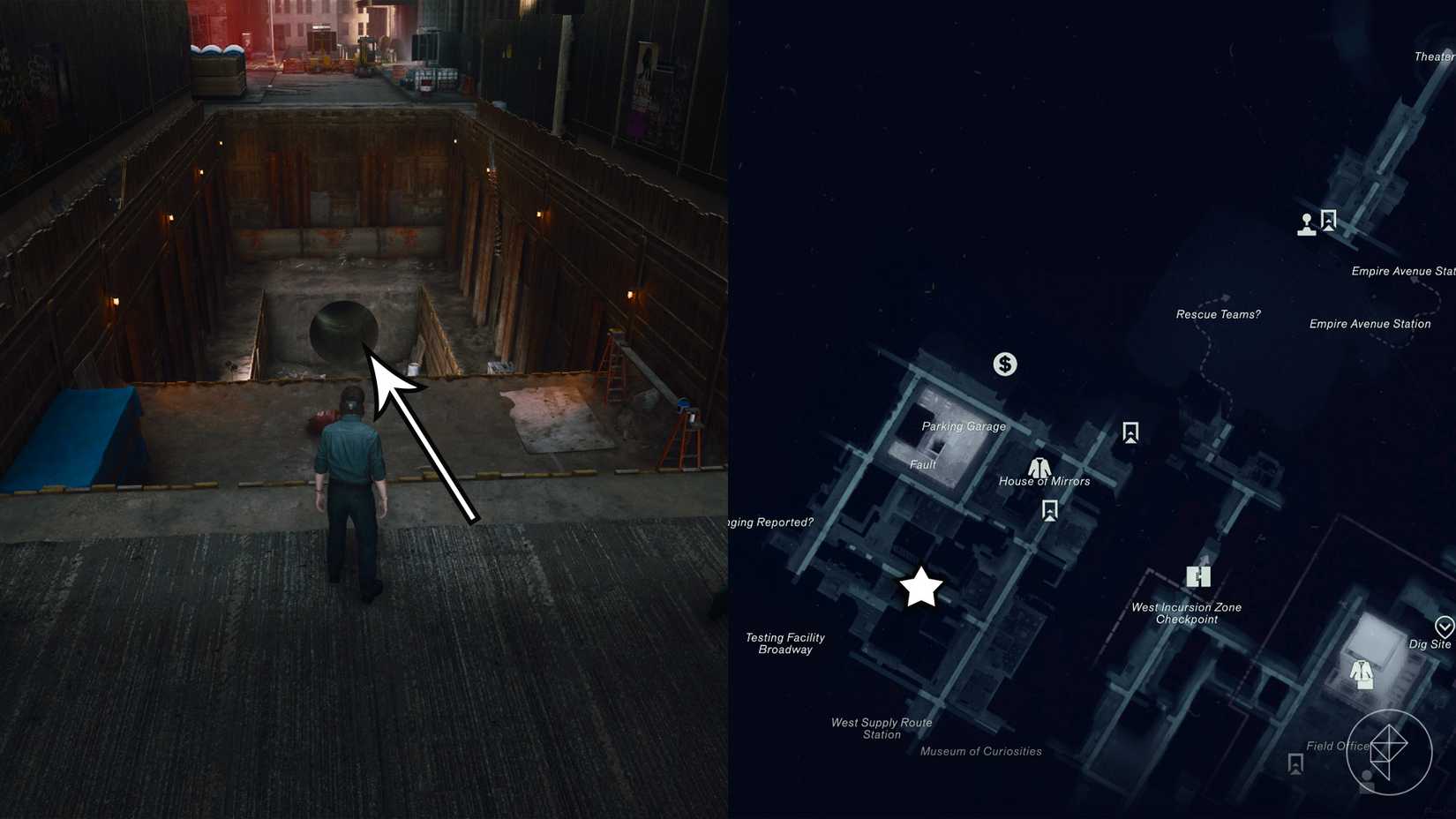 Dylan standing in front of a sewer entrance leading to Test Facility Broadway in the West Incursion Zone in Control Resonant.