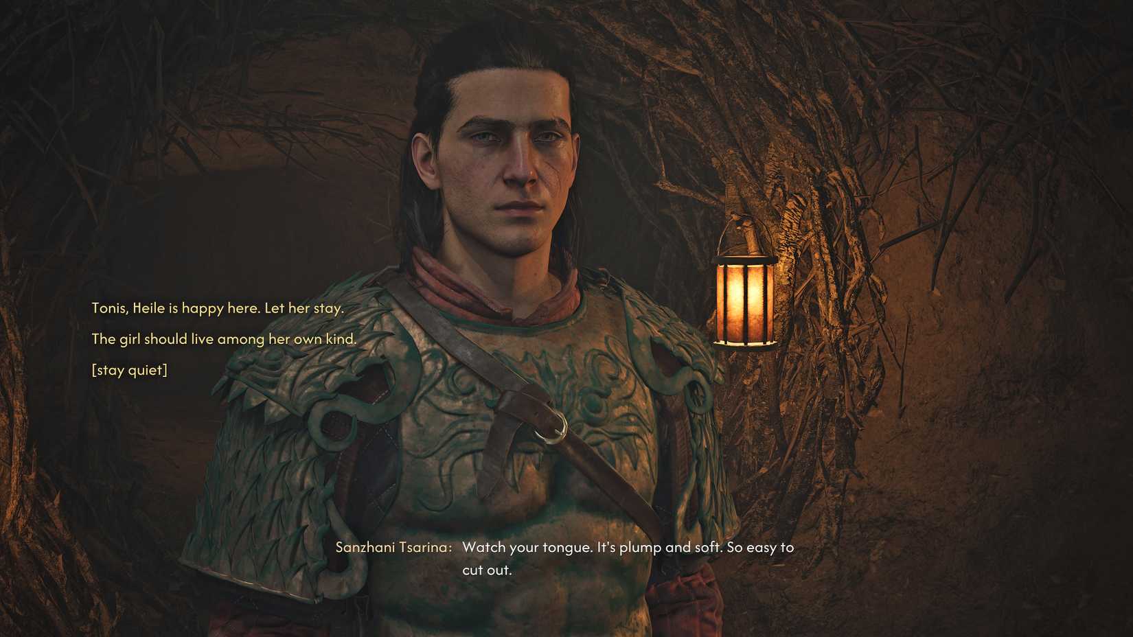 Coen decides whether Heile should stay with the Sanzhani in The Blood of Dawnwalker's 'Good Home' quest.