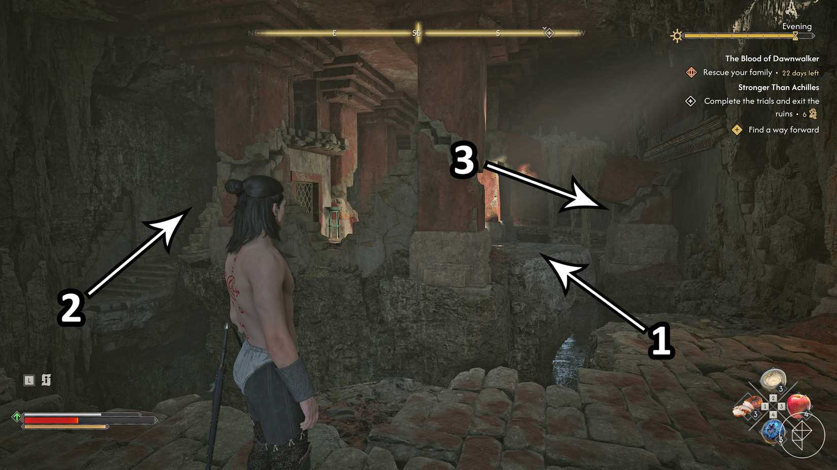 Arrows show the path across the gap in the "Stronger Than Achilles" quest in The Blood of Dawnwalker.