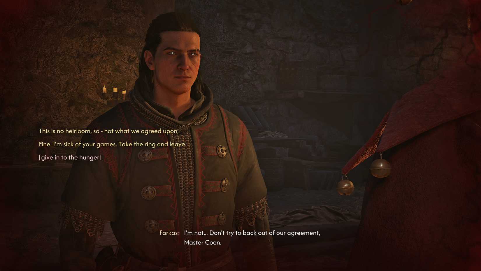 Coen decides whether to give the ring to Farkas during 'The Ring' quest in The Blood of Dawnwalker.