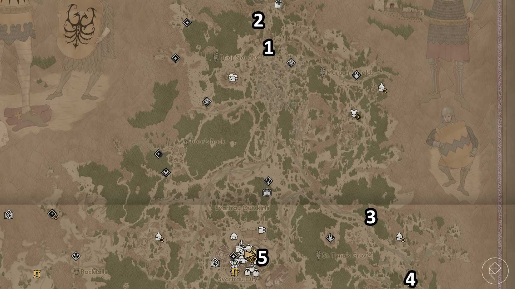 The Blood of Dawnwalker map showing the best early game quest locations.