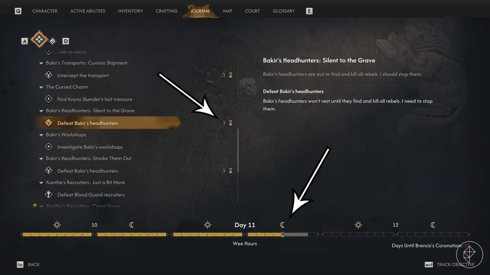 Arrows point to time cost indicators in The Blood of Dawnwalker.