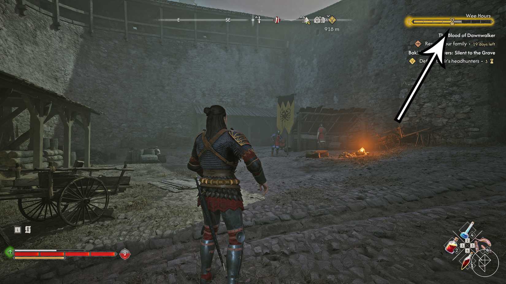 An arrow points to the time gauge in The Blood of Dawnwalker.