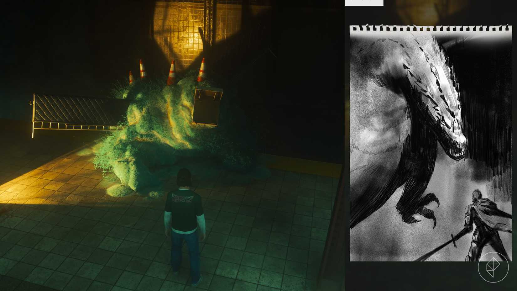 Dylan standing in front of a mold formation that is dressed up to look like a dragon in Control Resonant.