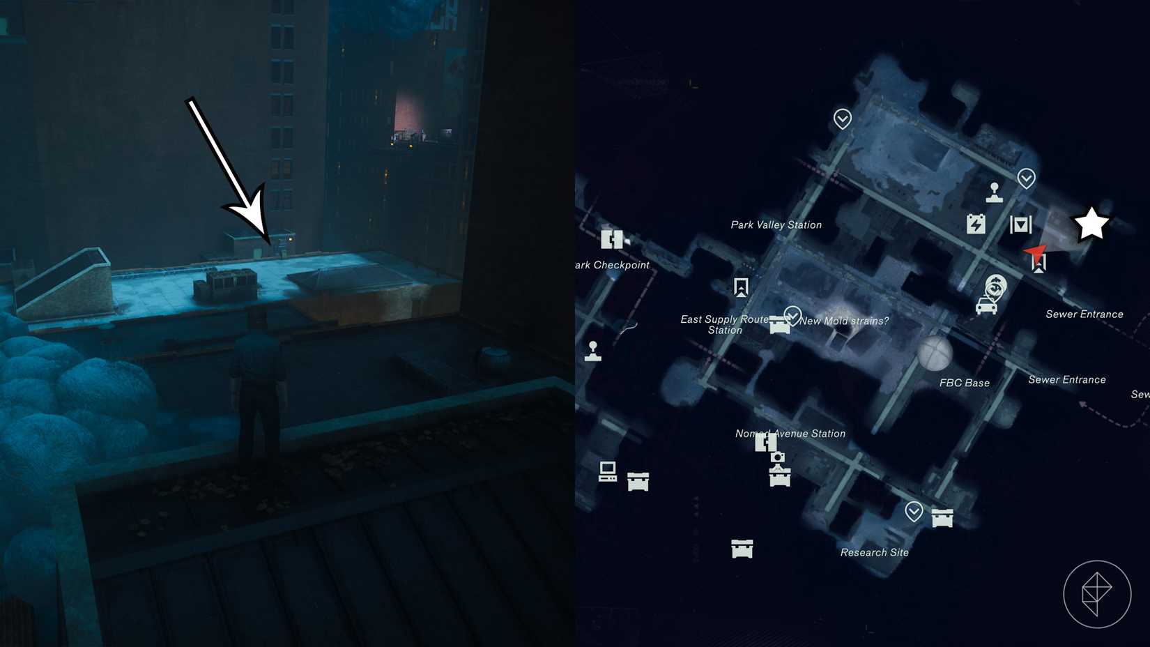Dylan standing on a rooftop looking toward the location of a dog in Control Resonant.