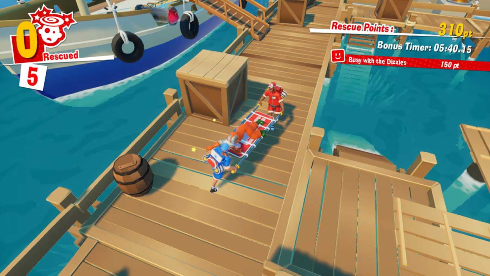 Paramedics carry a dazed patient on a stretcher at the docks.