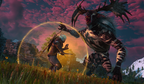 The Witcher 3 Remastered Combat Signs image showing Geralt raising a magic shield against a monster
