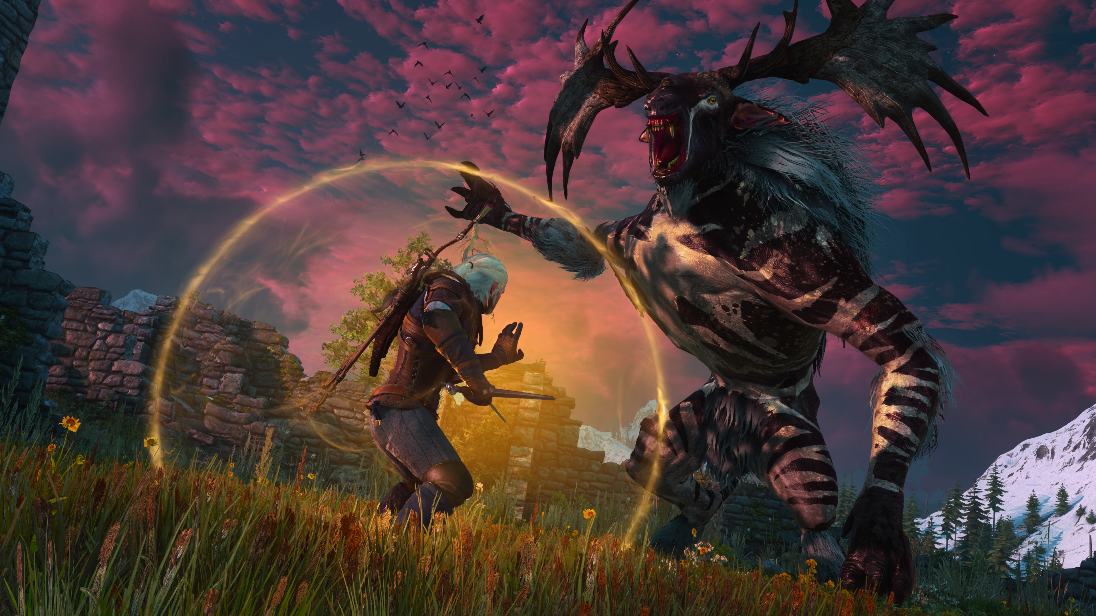 The Witcher 3 Remastered Combat Signs image showing Geralt raising a magic shield against a monster