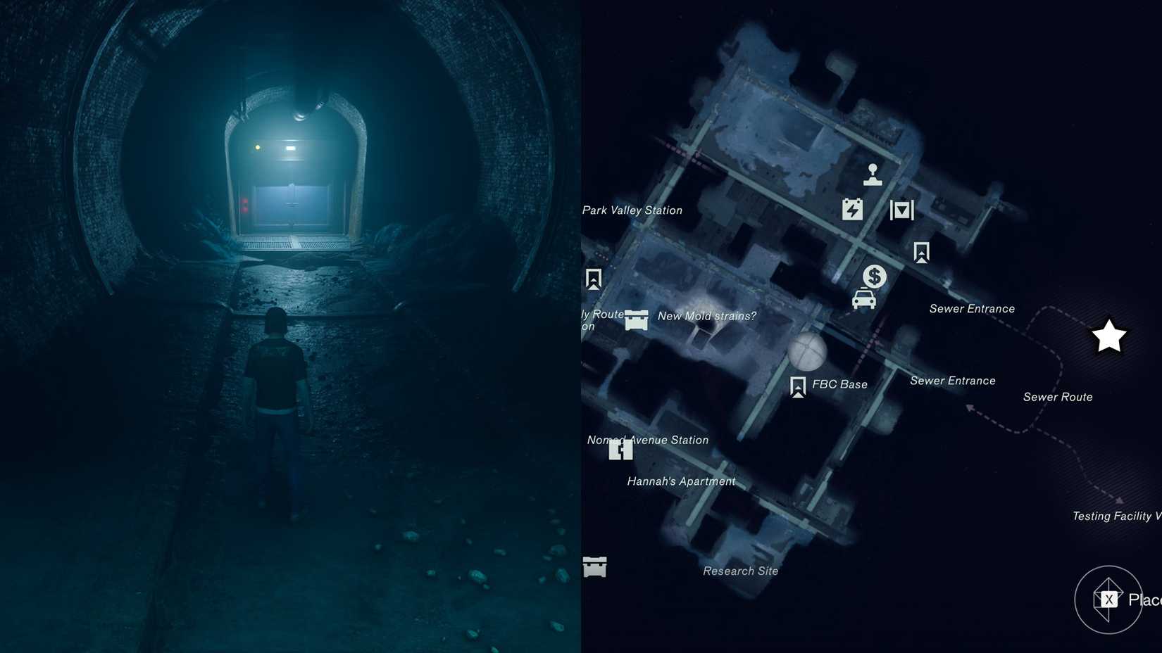 Dylan standing in front of a blue double doorway in the sewers in the Park in Control Resonant.
