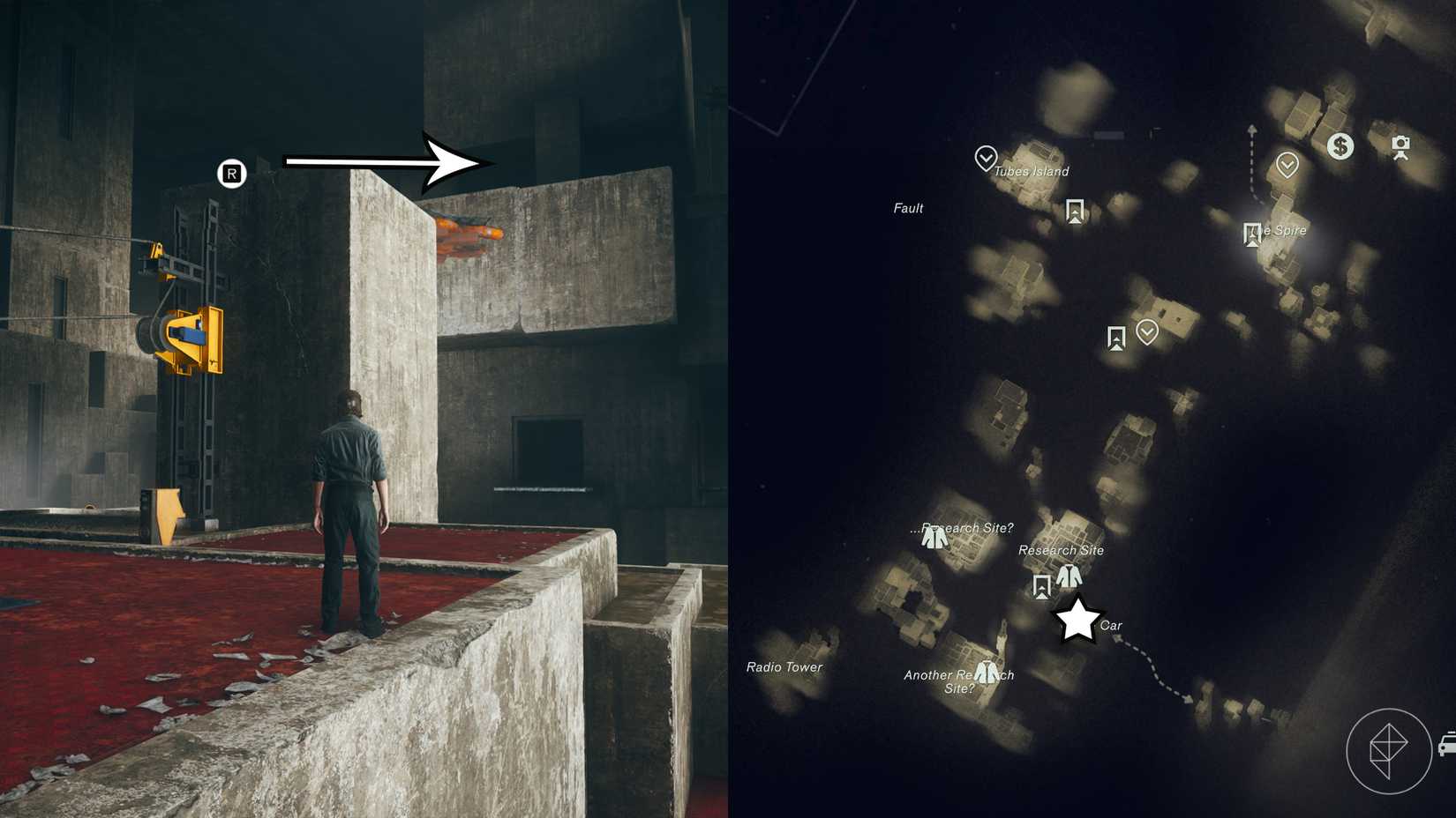 Dylan standing beside a metal pillar beside a stone wall in Control Resonant.