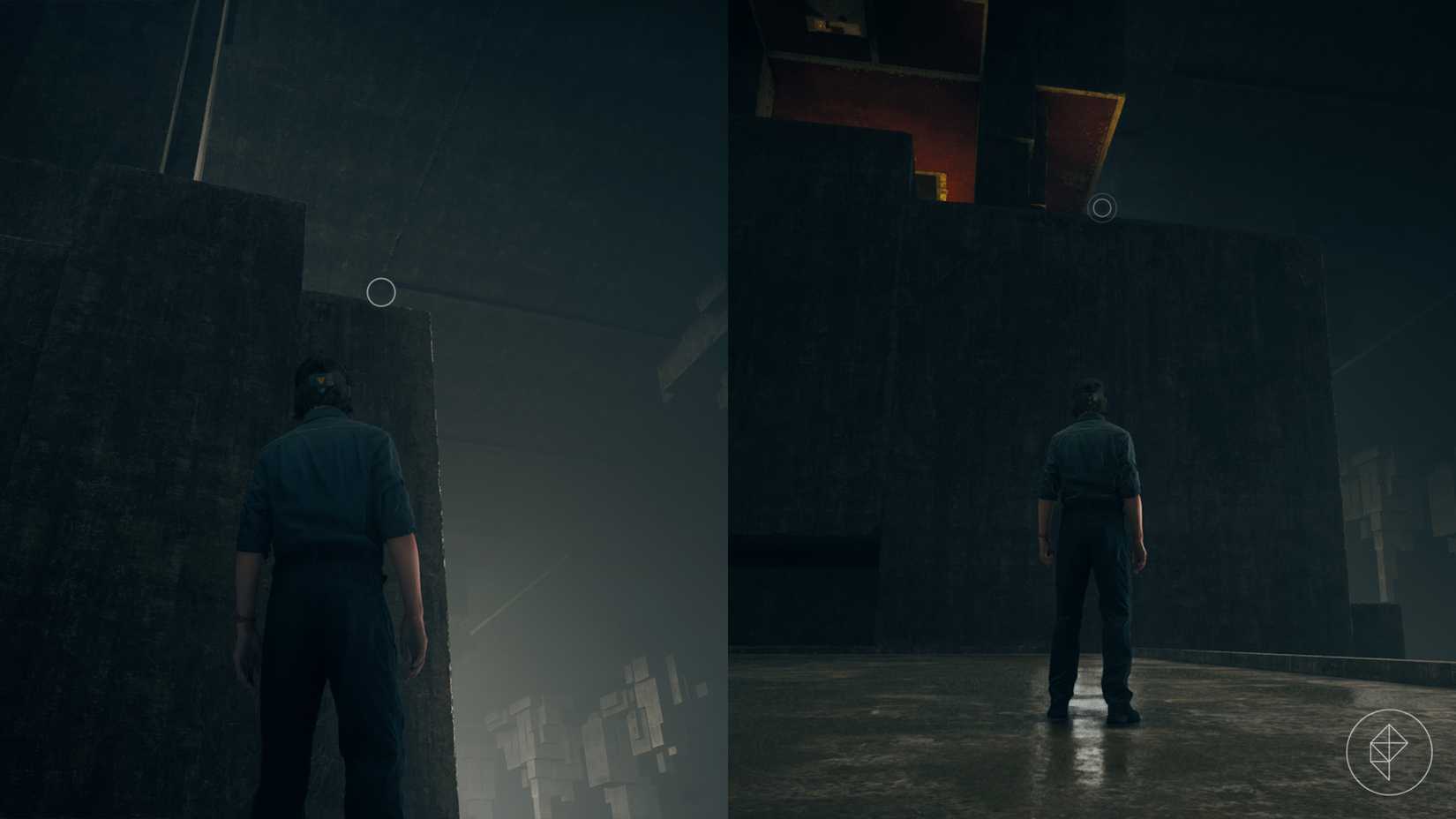 Dylan looking towards to circles on the edge of a stone pillar in Control Resonant.