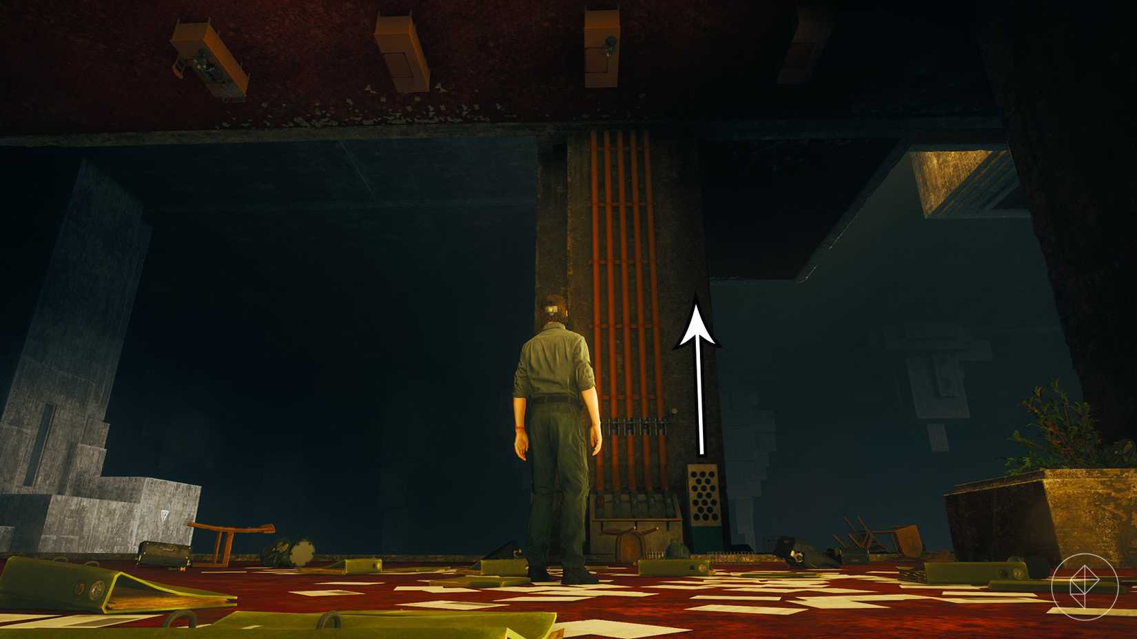 Dylan looking toward a white rectangular box with holes in it that is also beside orange pipes in Control Resonant.