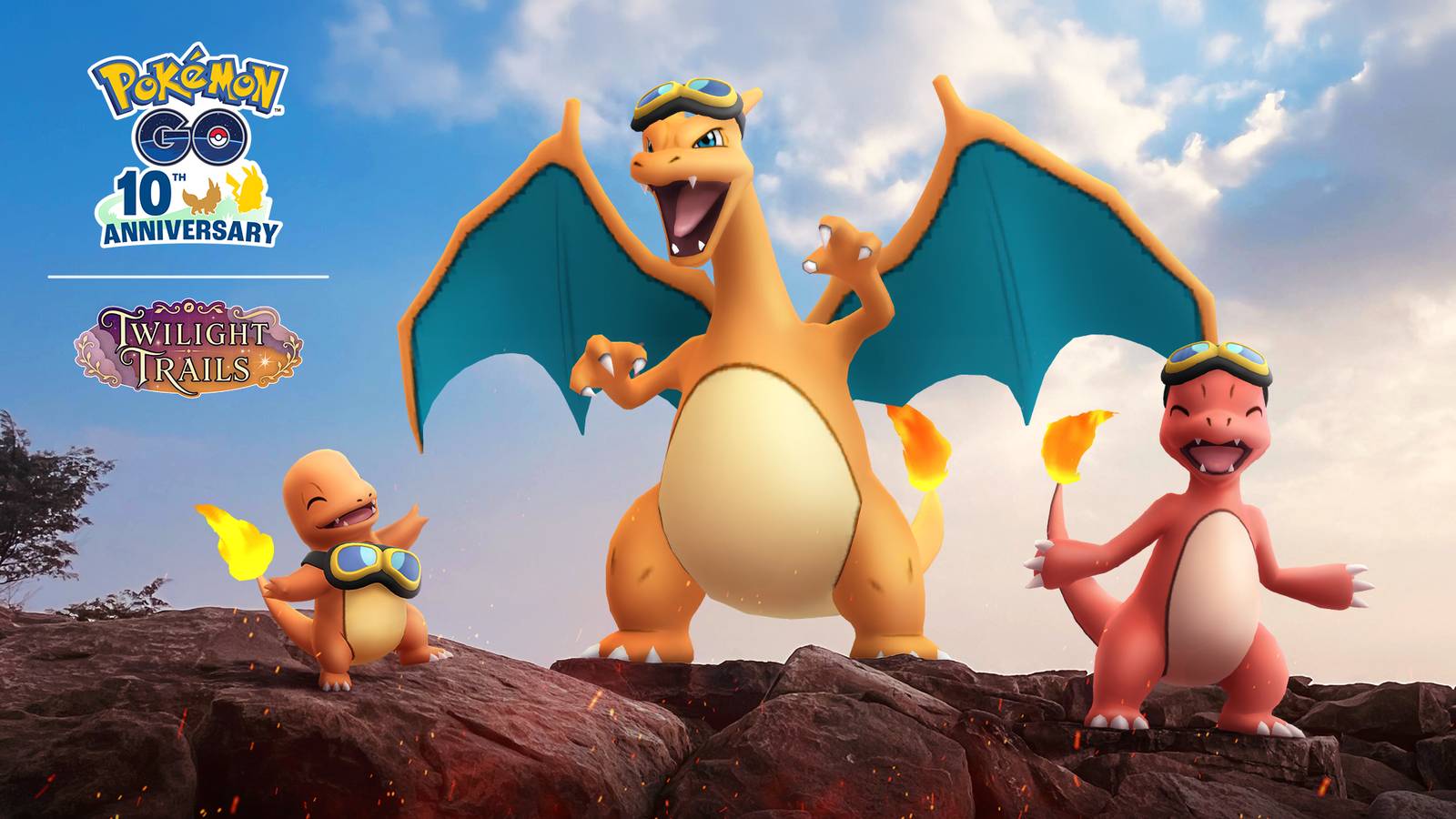 Charmander, Charmeleon, and Charizard wearing Friede's goggles in Pokémon Go