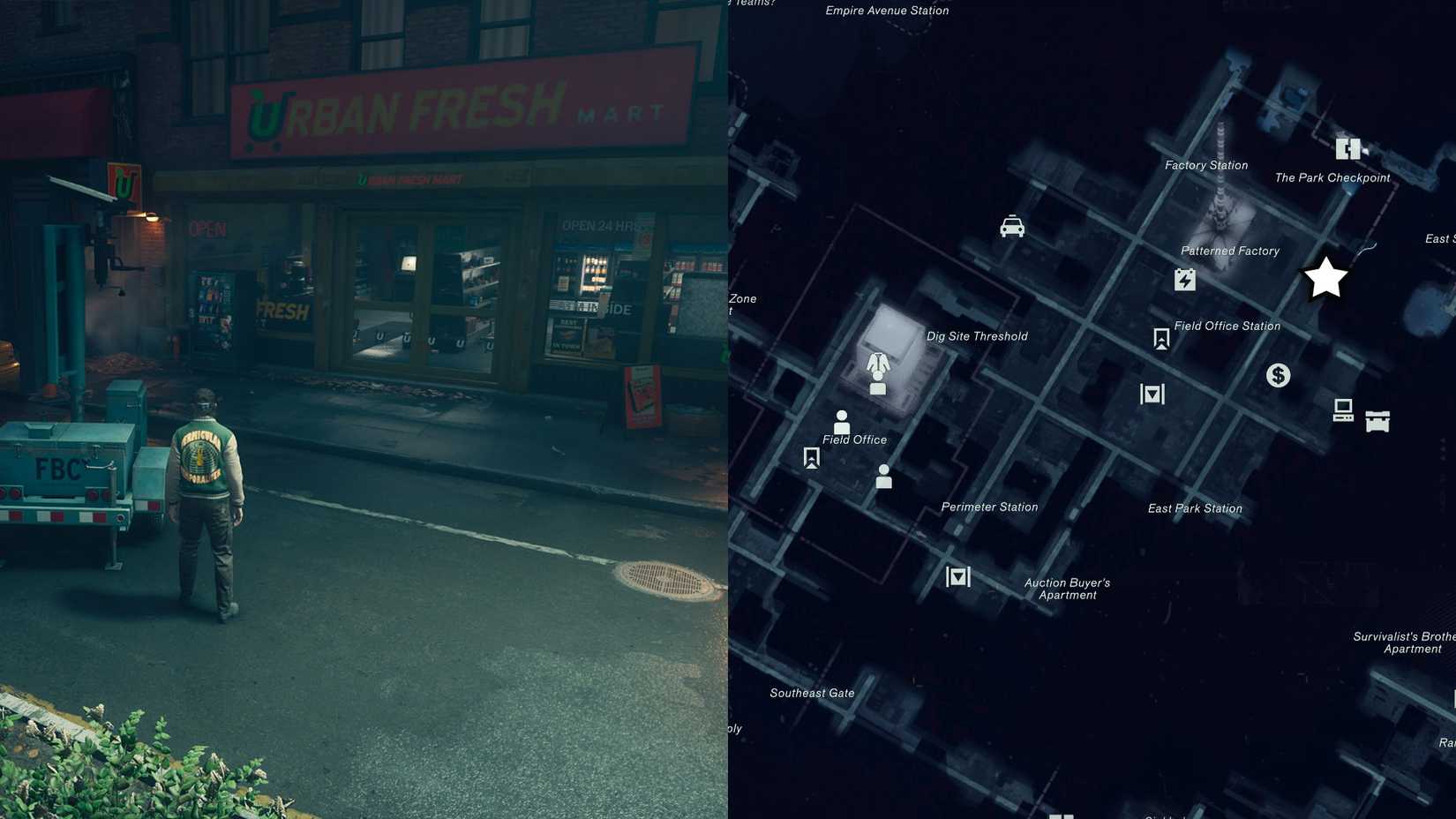 Dylan standing outside an Urban Fresh Mart in the Central zone in Control Resonant.