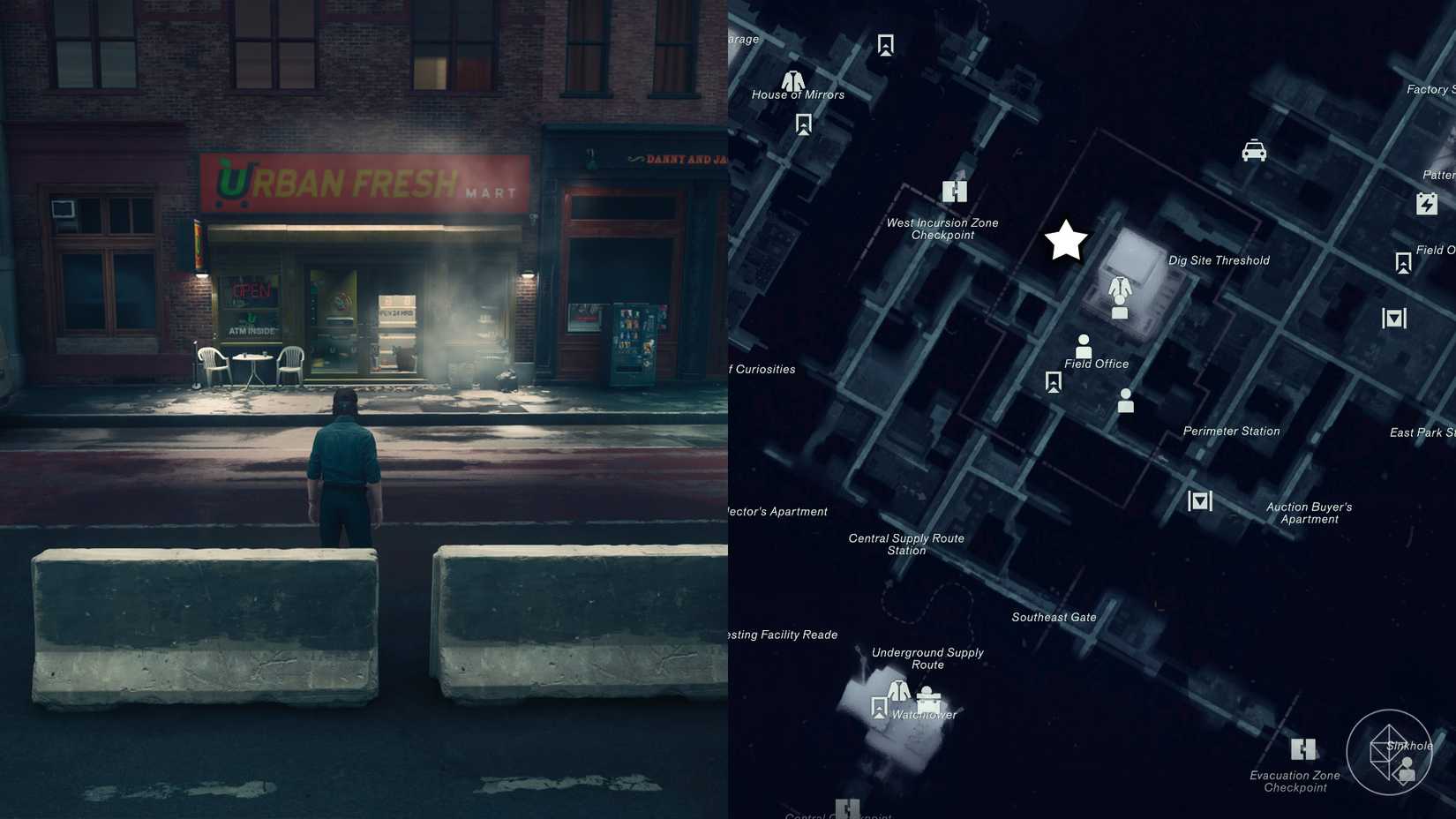 Dylan standing in front of an Urban Fresh Mart in the Central zone in Control Resonant.