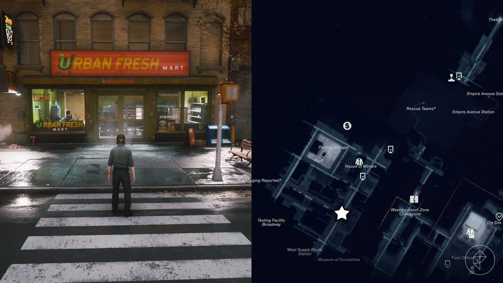 Dylan standing in front of an Urban Fresh Mart in the West Incursion Zone in Control Resonant.