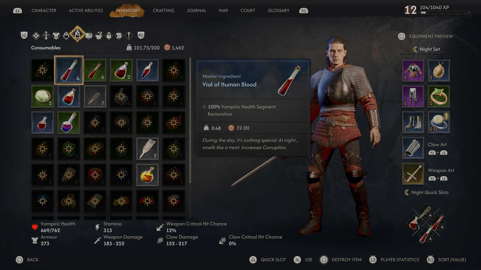 The consumable menu found in the inventory of The Blood of Dawnwalker.